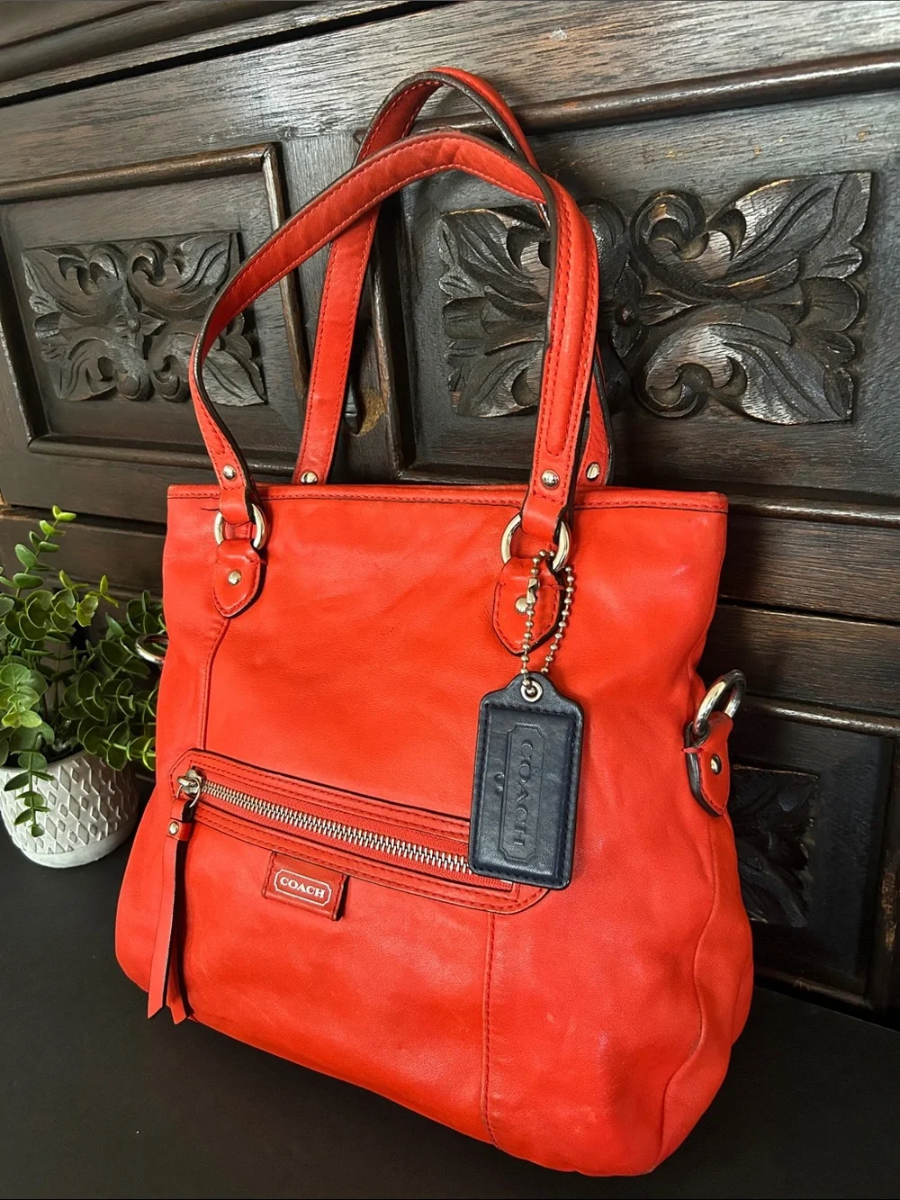 Coach Orange-Red Leather Shoulder Tote with Front Zip Pocket